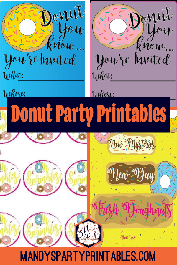Donut party invitation, donut sign, and donut cupcake toppers via Mandy's party printables