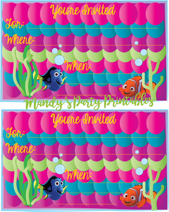 Free Girly Finding Dory Birthday Invitation complete with purple, pink, and greens!