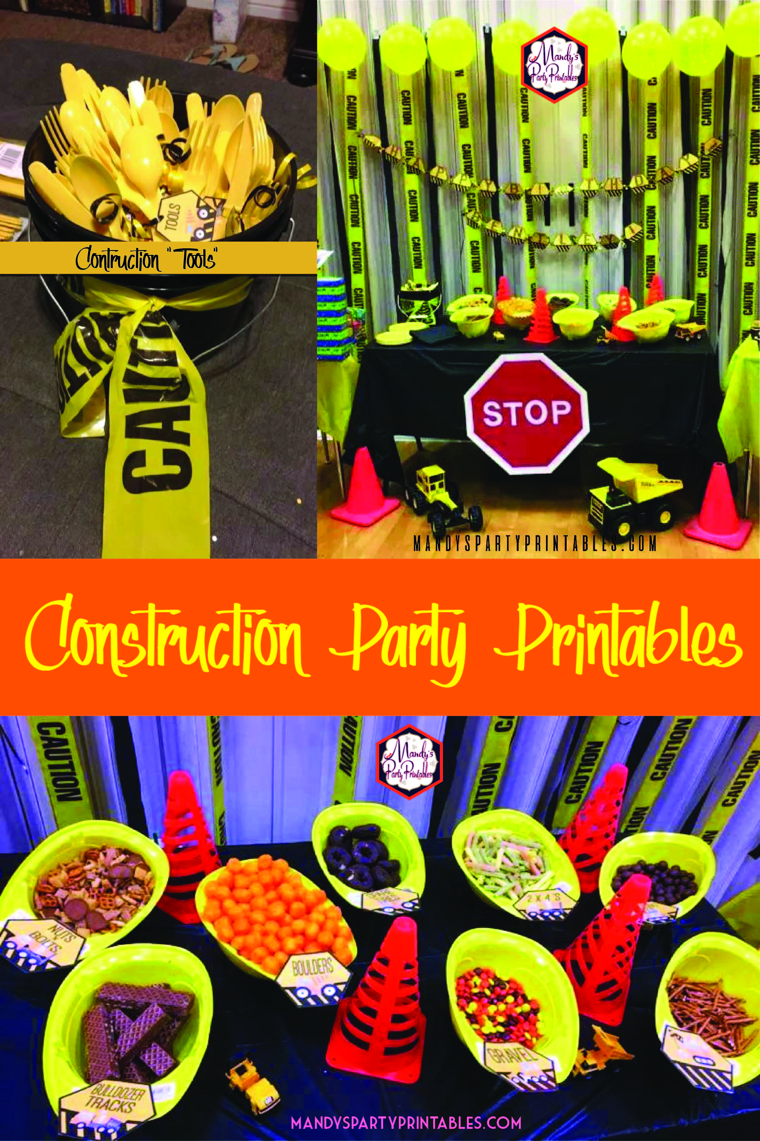 Picture collage for a Construction Birthday Party with silverware "tools", food in construction hats, and caution tape background. | Mandy's Party Printables
