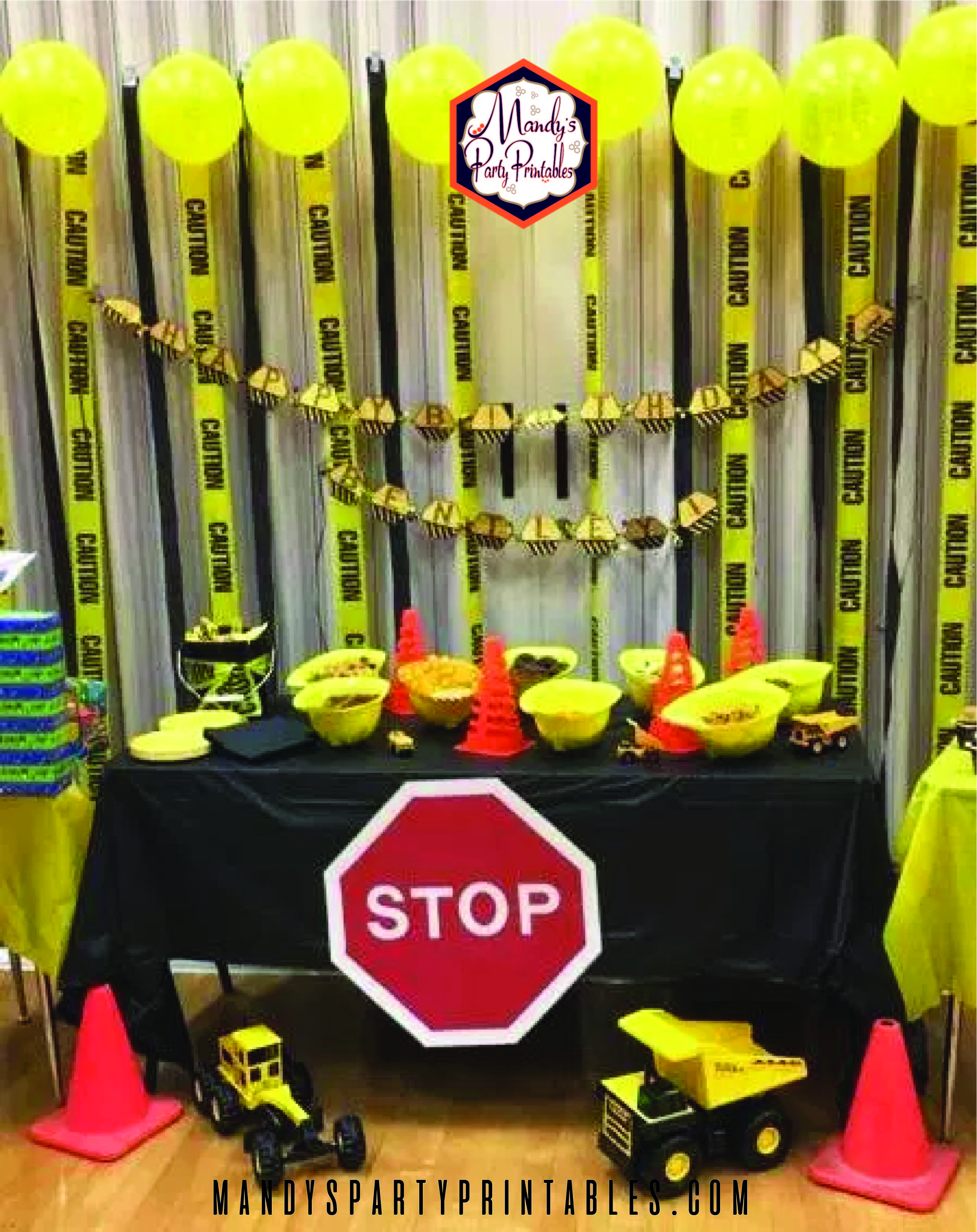 Food table with "Happy Birthday" construction banner and Stop sign | Mandy's Party Printables