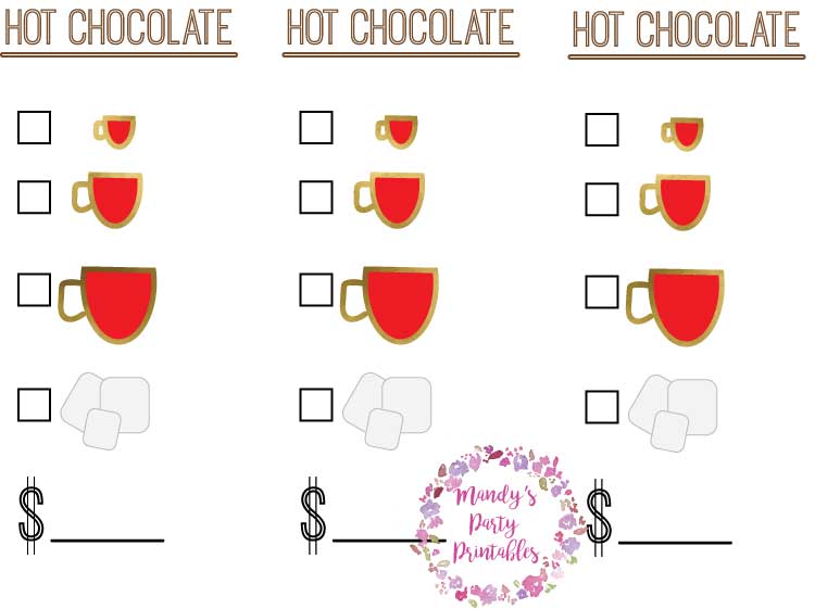 Free Hot Chocolate Stand Printables Order Slips via Mandy's Party Printables