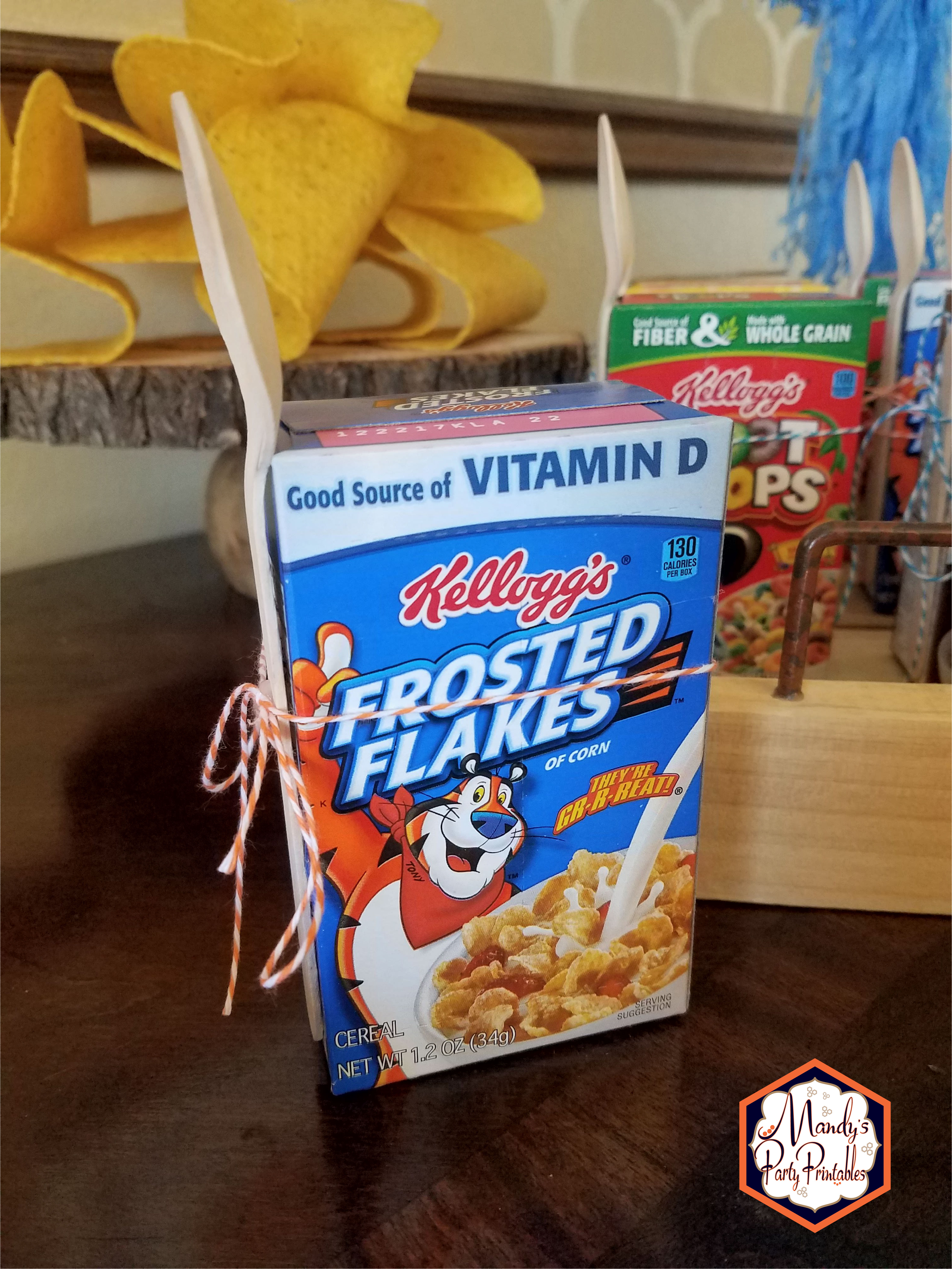Frosted Flakes cereal box from Good Mythical Morning Inspired Birthday Party via Mandy's Party Printables
