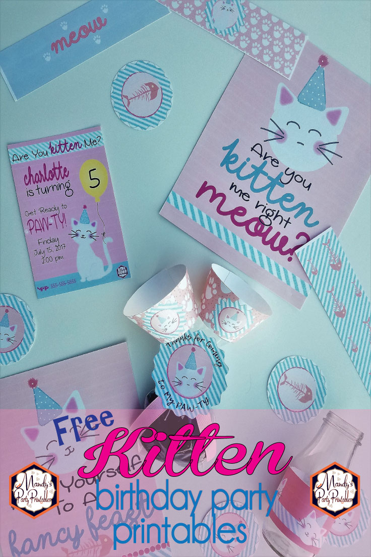 Free kitty party cupcake toppers, bottle wrappers, cupcake wrappers, invitation and more via Mandy's Party Printables