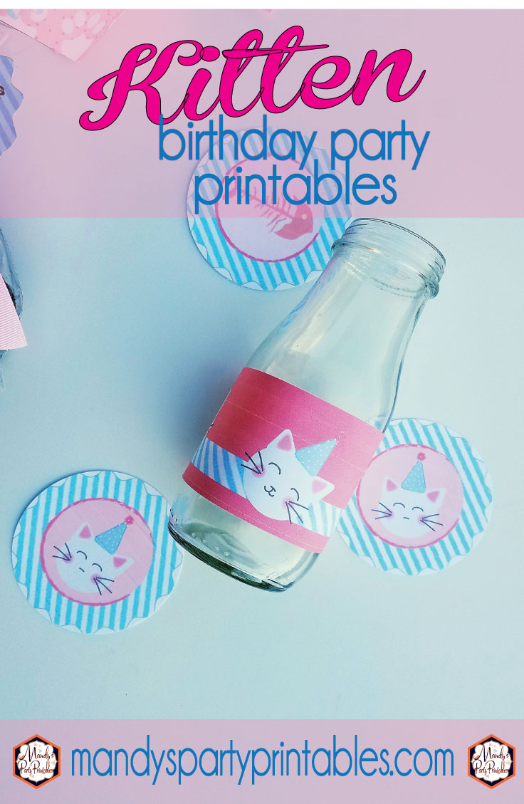 Free kitty party cupcake toppers, bottle wrappers, cupcake wrappers, invitation and more via Mandy's Party Printables