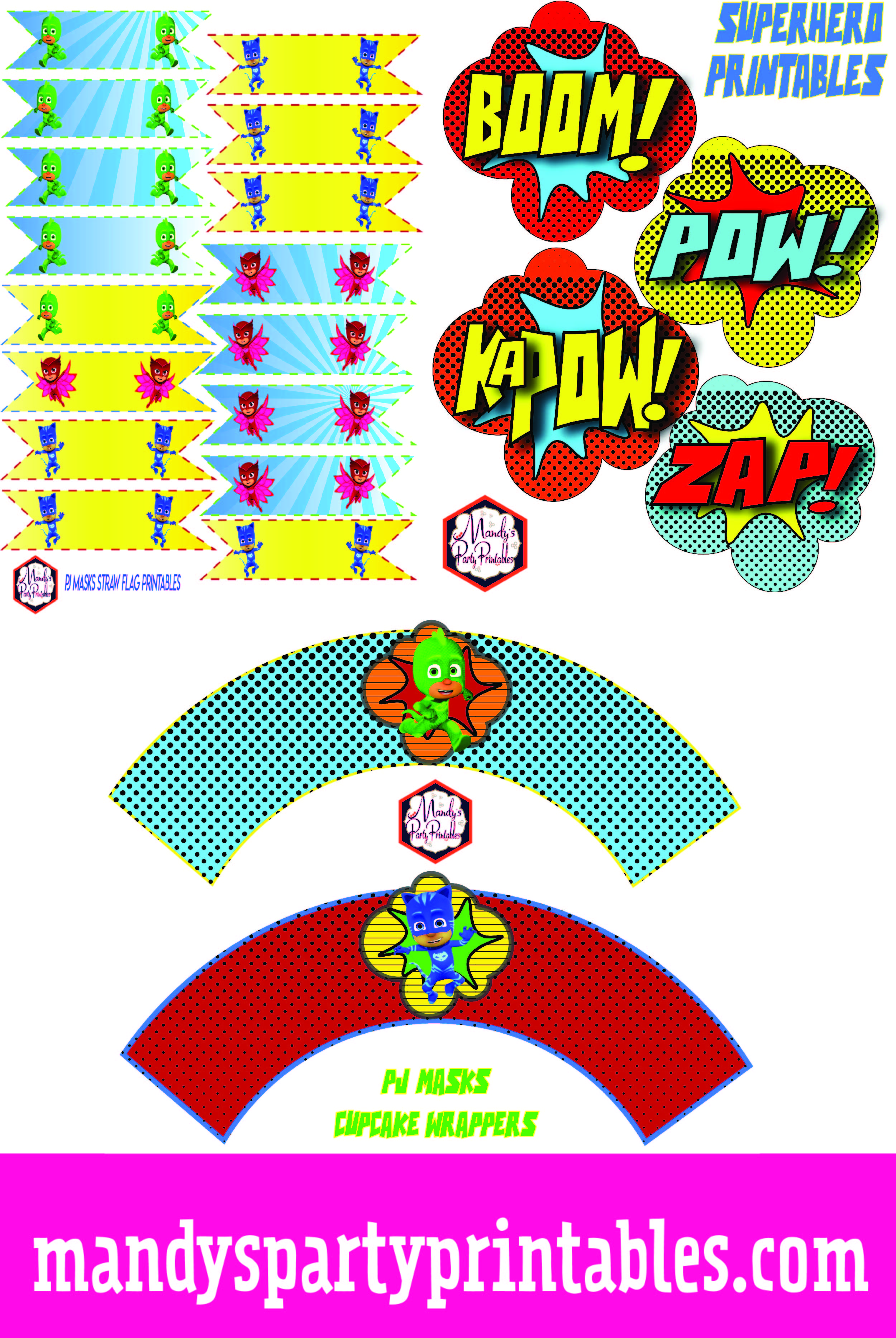 Collage of PJ Masks straw flags, superhero boom! pow! zap! and cupcake wrappers | Mandy's Party Printables 