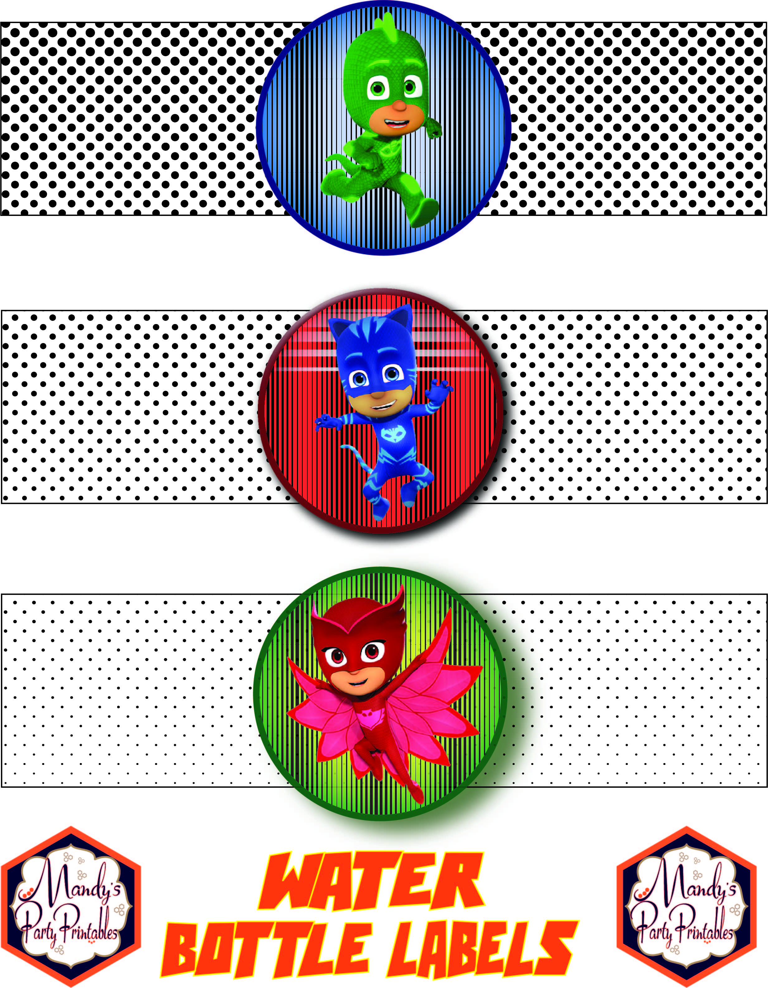 Water bottle labels from Free PJ Masks Birthday Party Printables via Mandy's Party Printables