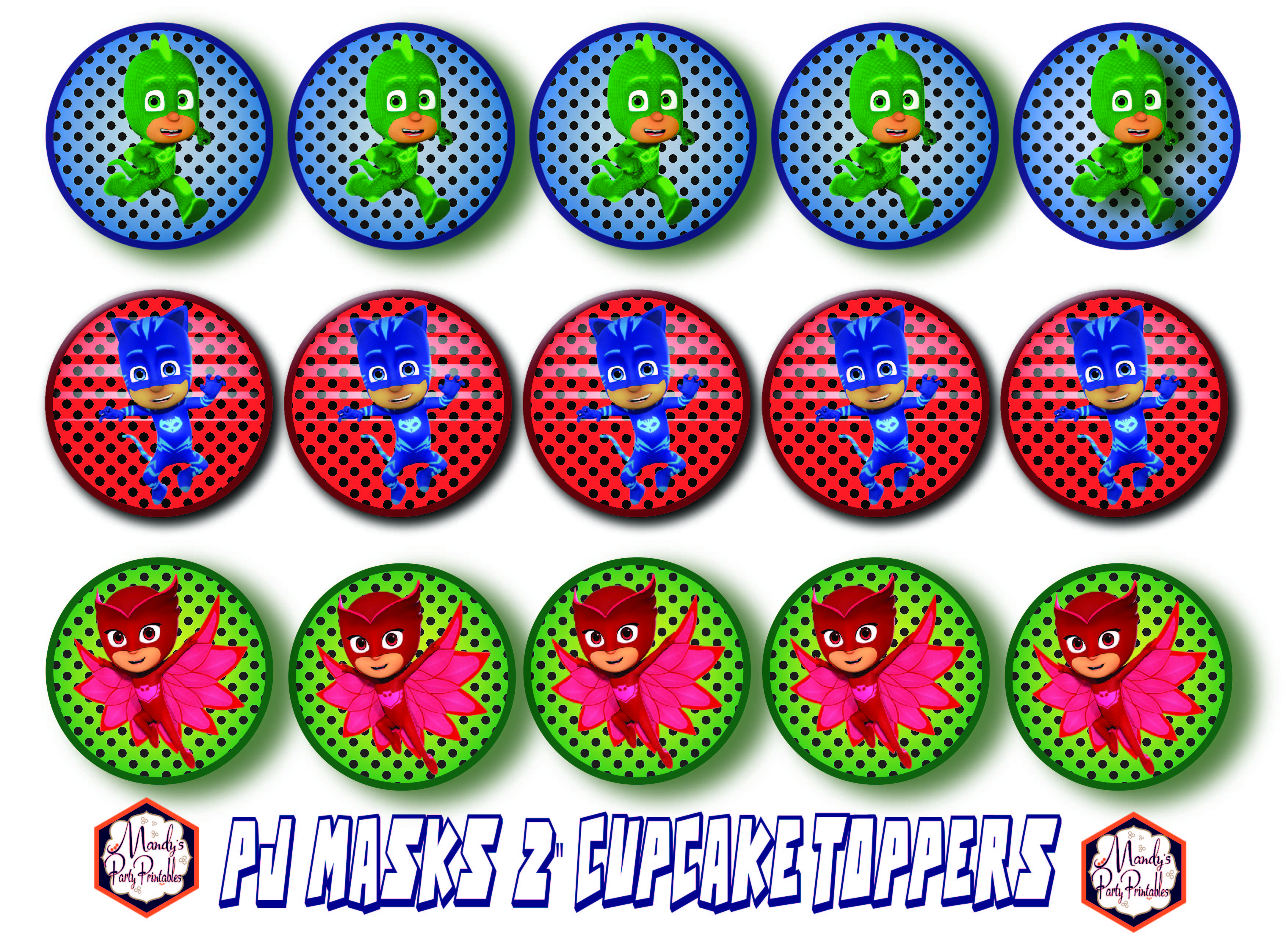 Cupcake Toppers from Free PJ Masks Birthday Party Printables via Mandy's Party Printables