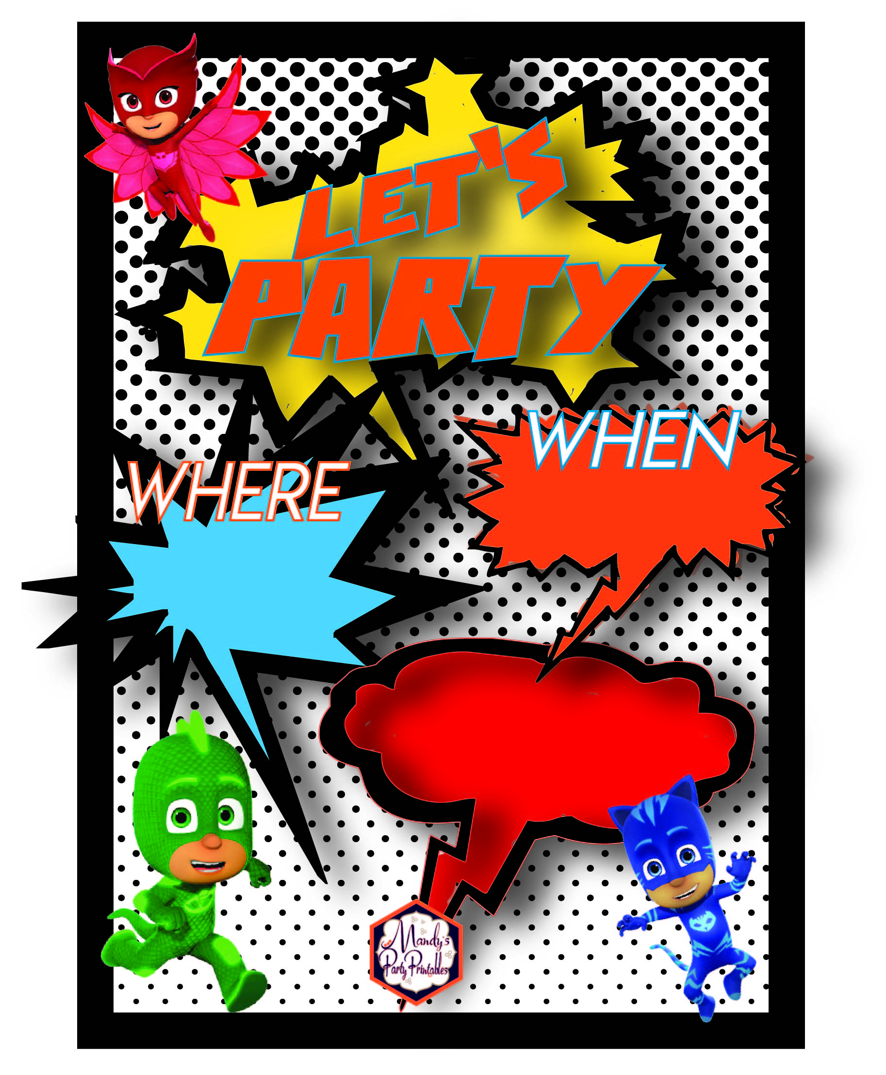 Party Invitation from Free PJ Masks Birthday Party Printables via Mandy's Party Printables