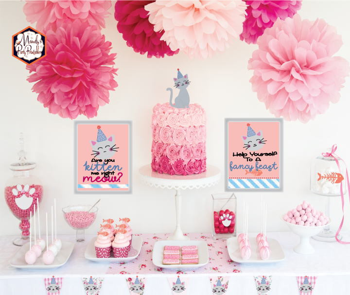 Pink Party Table from a Kitty Cat Birthday Party | Mandy's Party Printables | Kitten Birthday | Cat Birthday #kittenbirthday #catbirthday #girlspartyideas #pinkbirthday