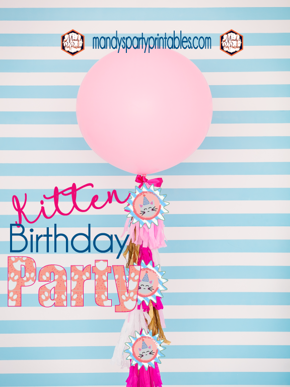 Large Balloon with Tassels from a Kitty Cat Birthday Party | Mandy's Party Printables | Kitten Birthday | Cat Birthday #kittenbirthday #catbirthday #girlspartyideas #pinkbirthday 