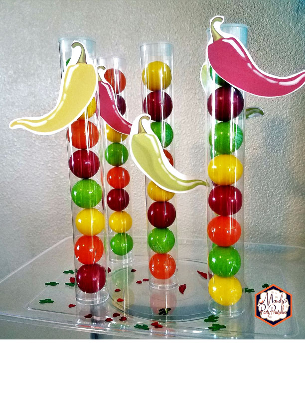 Gumball tubes with pepper accents from a Taco Bout Love Valentine Taco Party | Mandy's Party Printables #valentineparty #tacoparty #tacoboutlove #ilovetacos #MPP #fiesta