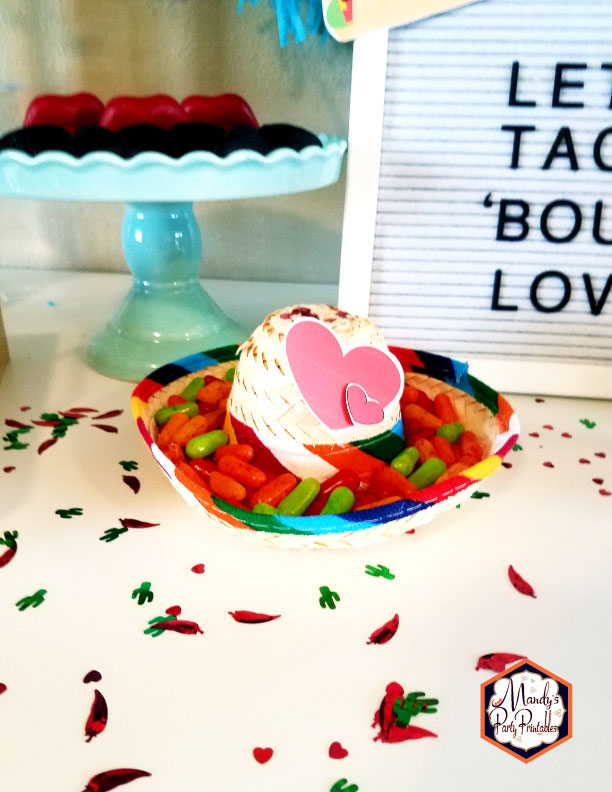 Candy-filled mini sombrero from a Taco Bout Love Valentine Taco Party | Mandy's Party Printables #valentineparty #tacoparty #tacoboutlove #ilovetacos #MPP #fiesta