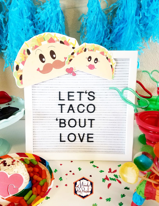 Let's Taco Bout Love in Words on a Felt Menu Board with Mr and Mrs Taco from a Taco Bout Love Valentine Taco Party | Mandy's Party Printables #valentineparty #tacoparty #tacoboutlove #ilovetacos #MPP #fiesta