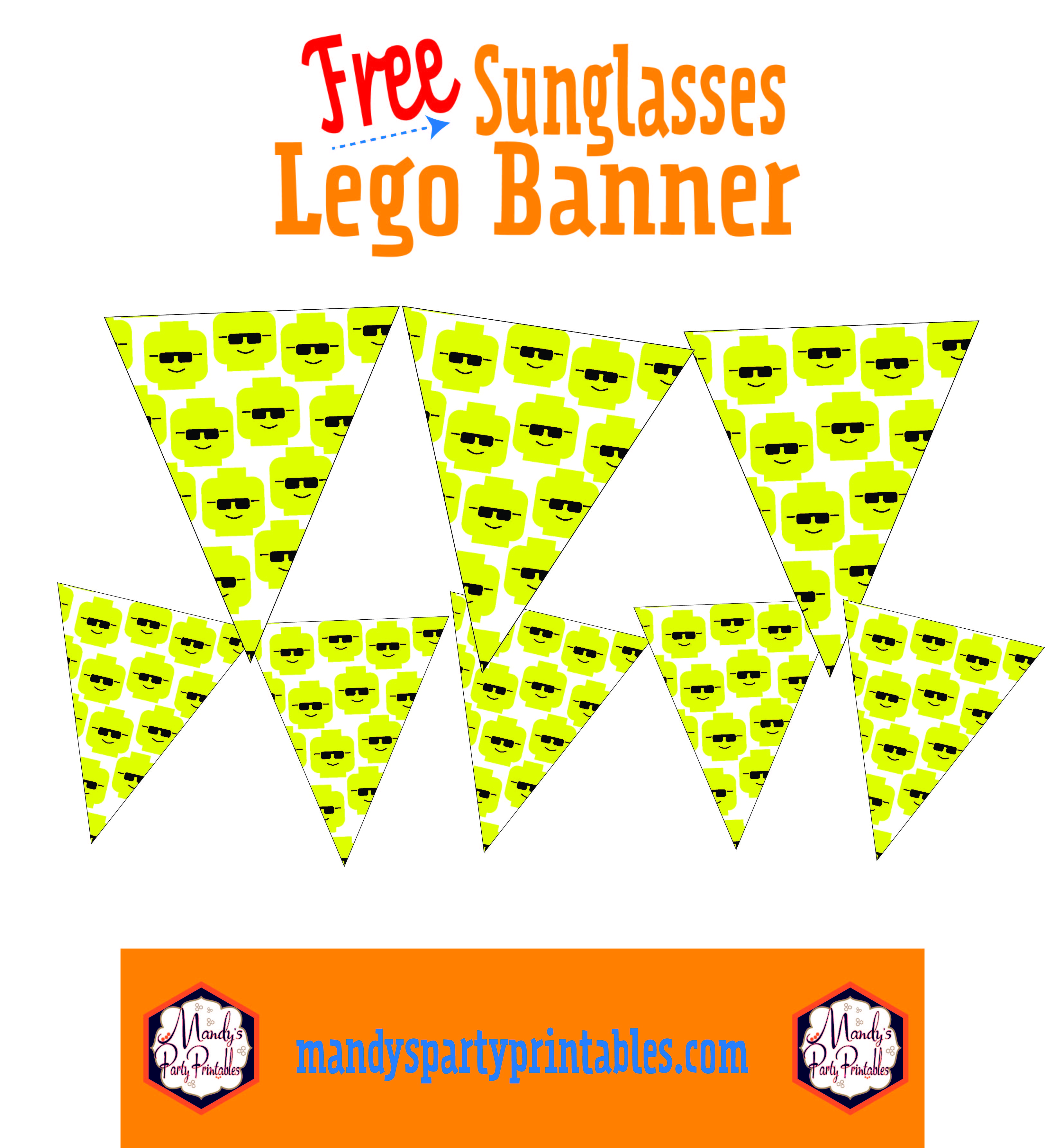 Triangle banner with Lego dude sporting sunglasses | Mandy's Party Printables