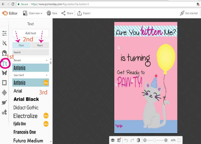 Screenshot from PicMonkey tutorial detailing how to choose text | Mandys Party Printables