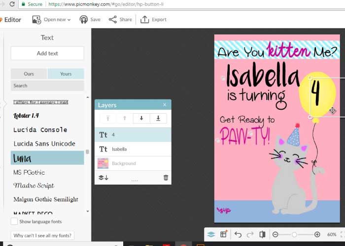Screenshot from PicMonkey Tutorial showing text options | Mandy's Party Printables