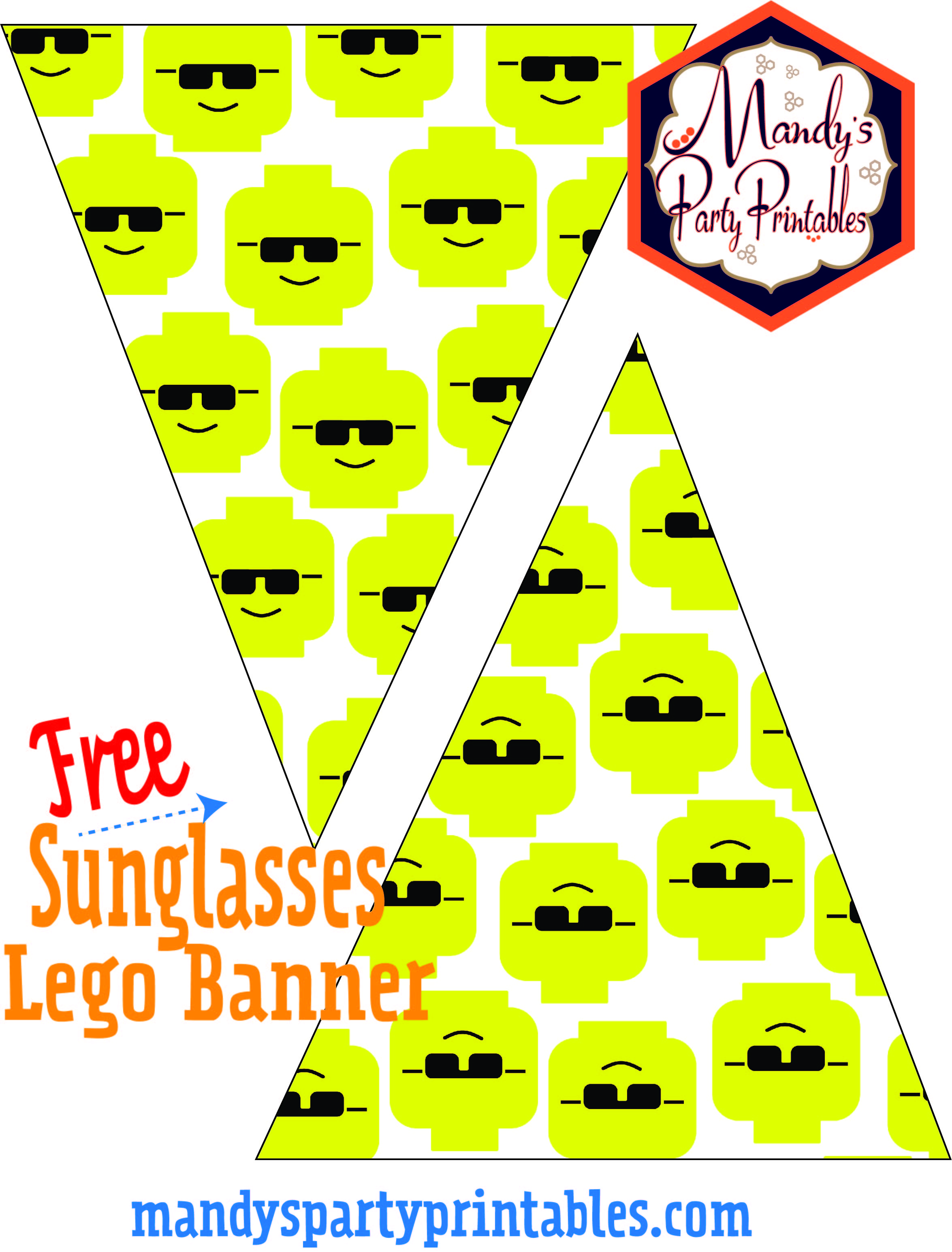 Two to a sheet | Triangle banner with Lego dude sporting sunglasses | Mandy's Party Printables