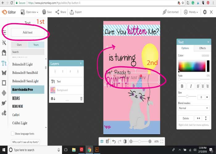 Screenshot from PicMonkey tutorial detailing how to place text | Mandys Party Printables