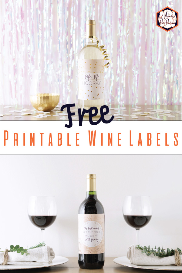 Collage of free diy printable wine bottle labels via Mandy's Party Printables