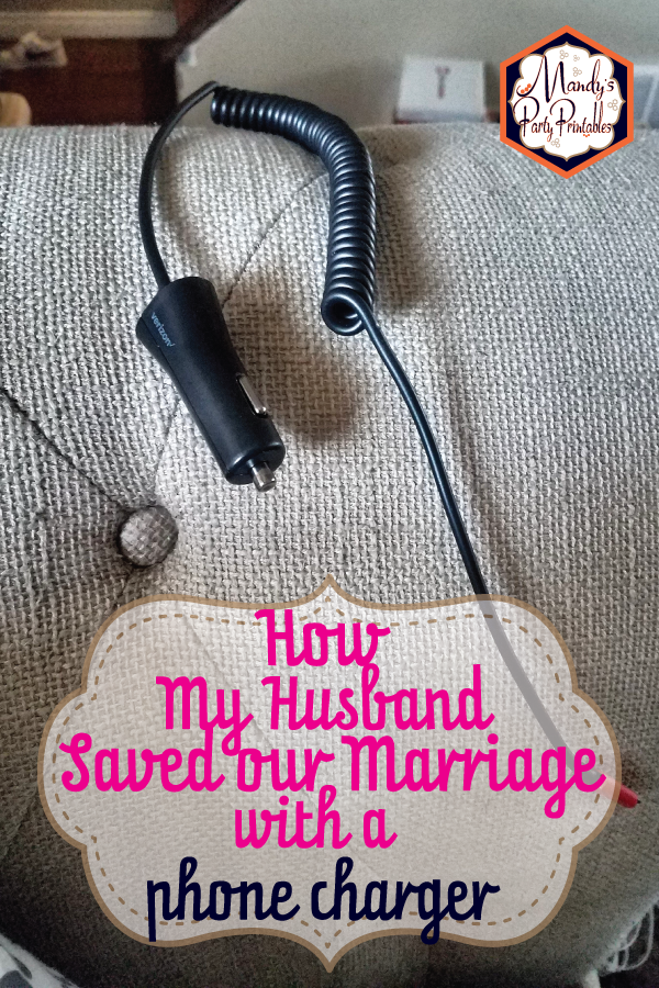 Linen sofa with a charging cord laying on the arm with text saying "How My Husband Saved Our Marriage with a Phone Charger".