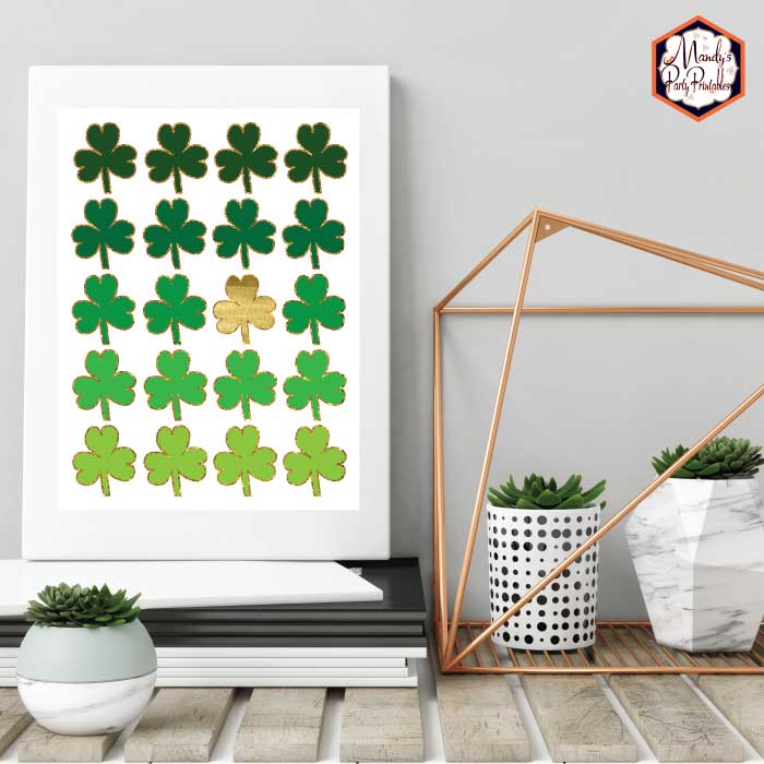 Shamrock 8x10 free printable sign on a desk with succulents flanking | Mandy's Party Printables