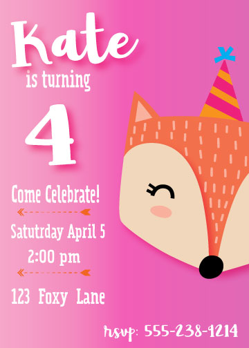Pink background white text with a girl fox face for the invitation via Mandy's Party Printables: A Guide to Half-E Homemaking