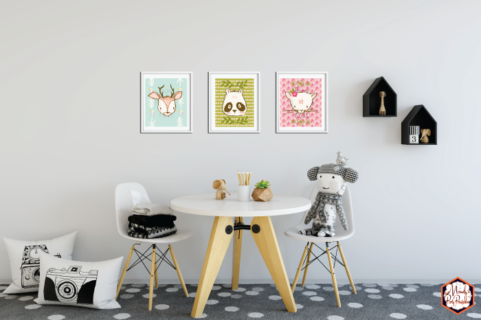 Black and white childrens room with small table and 3 woodland animal prints | Mandy's Party Printables: A Guide to Half-E Homemaking