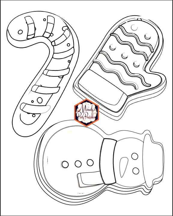 Candy cane coloring page | Mitten coloring page | Snowman coloring page | Mandy's Party Printables