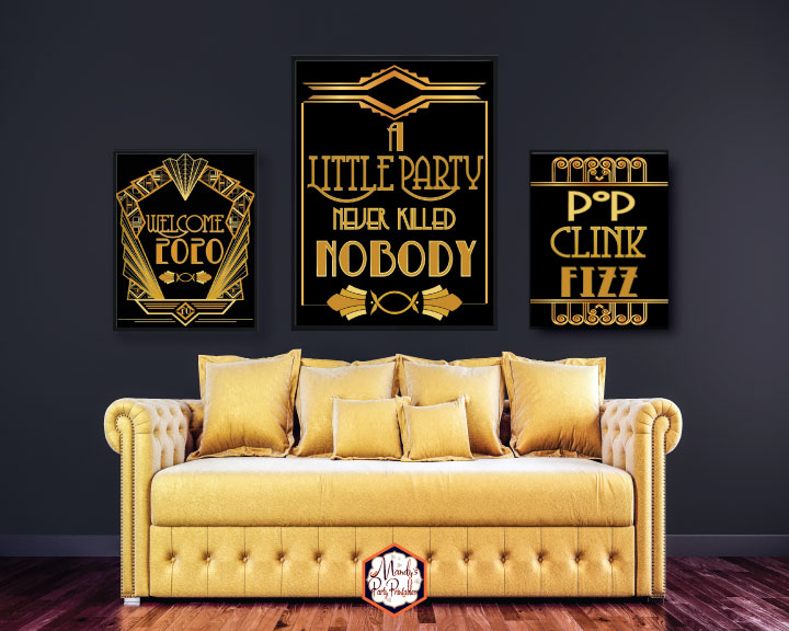Gold Sofa with Roaring 20's New Years Posters for New Year 2020