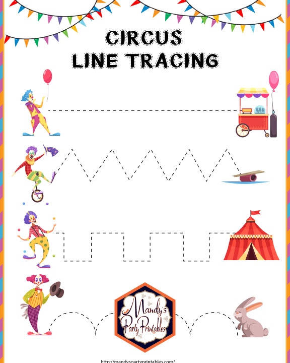 Small Motor Line Tracing Worksheet Circus Themed 