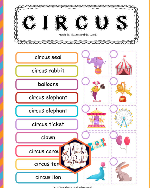 Circus word and picture preschool activity via Mandy's Party Printables