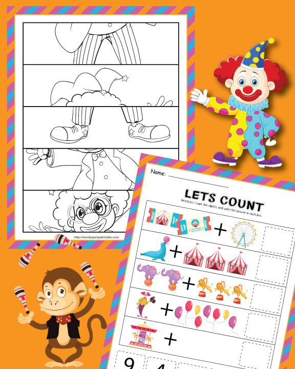 Two circus preschool worksheets with circus clown and monkey | Mandy's Party Printables