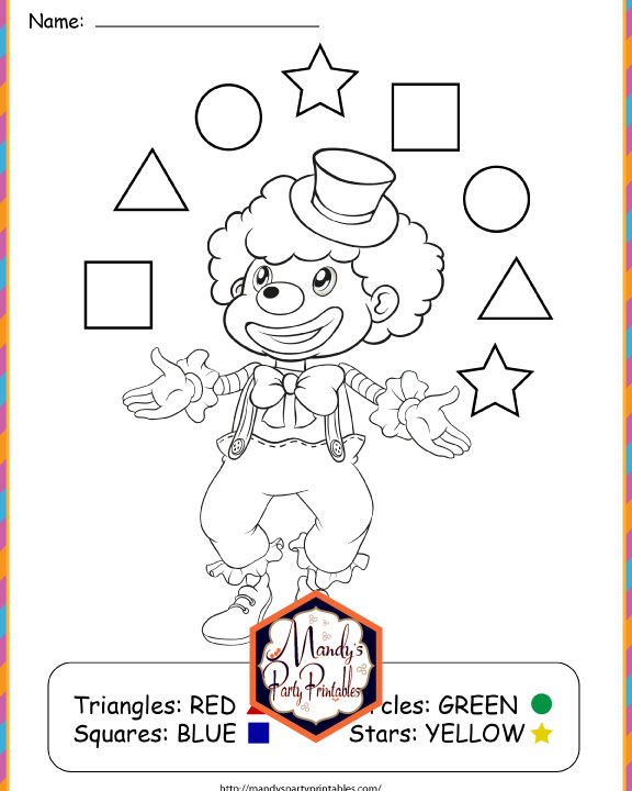 Clown worksheet for shapes and colors practice | Mandy's Party Printables